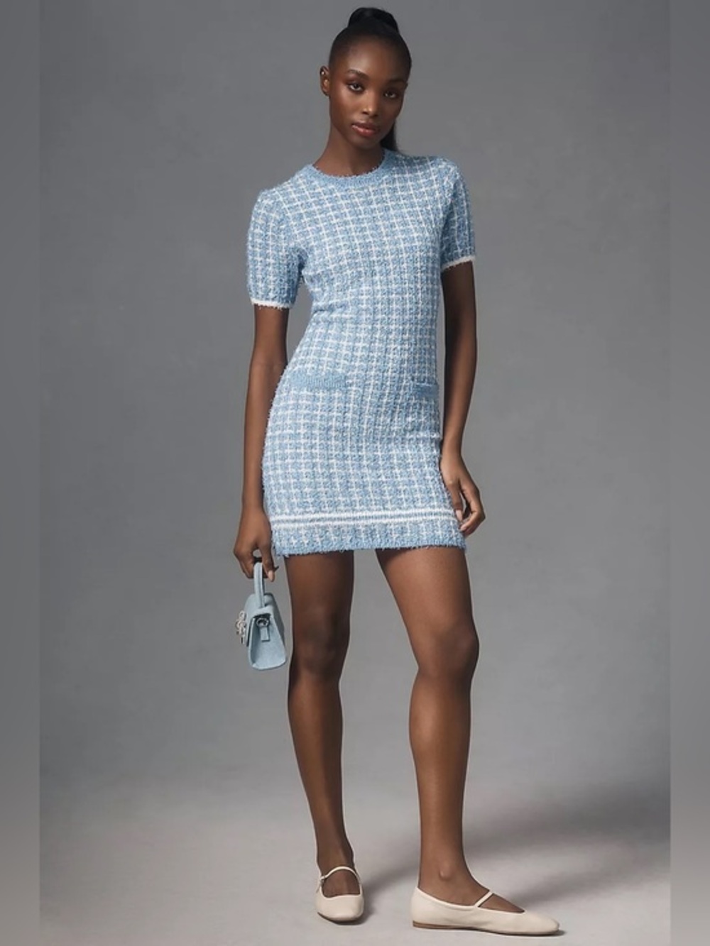 Anthropologie Endless Rose Blue White Grid Short-Sleeve Mini Dress Large
